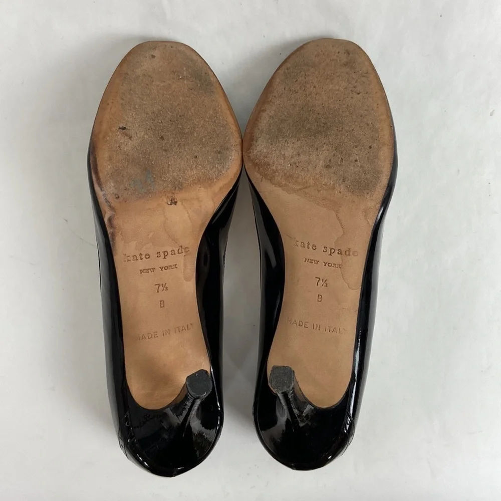 Kate Spade Giselle Oxford Patent Leather Peep Toe Perforated Trim Black Heels